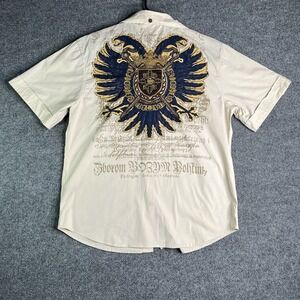 Y2K Born Sinners Button Up Shirt Men's L Embroidered Beige